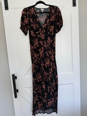 Black Floral V-Neck Maxi Dress with Dusty Rose Print